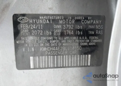 2011 Hyundai Elantra Gls (Ulsan Plant) из США, поврежденный, VIN KMHDH4AE2BU114150